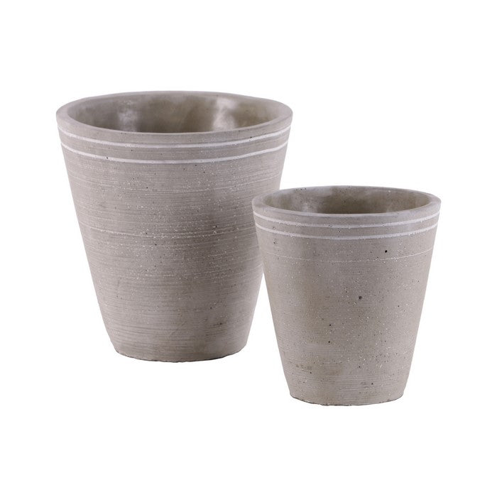 Cement Round White Banded Rim Pot With Tapered Bottom, Set of Two, Gray