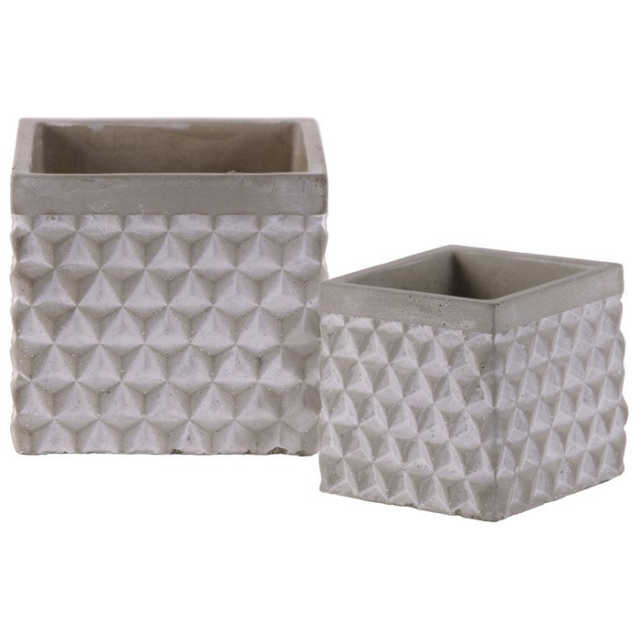 Cement Square Triangle Pattern Design Pot In Painted Off-White Finish, Set of Two