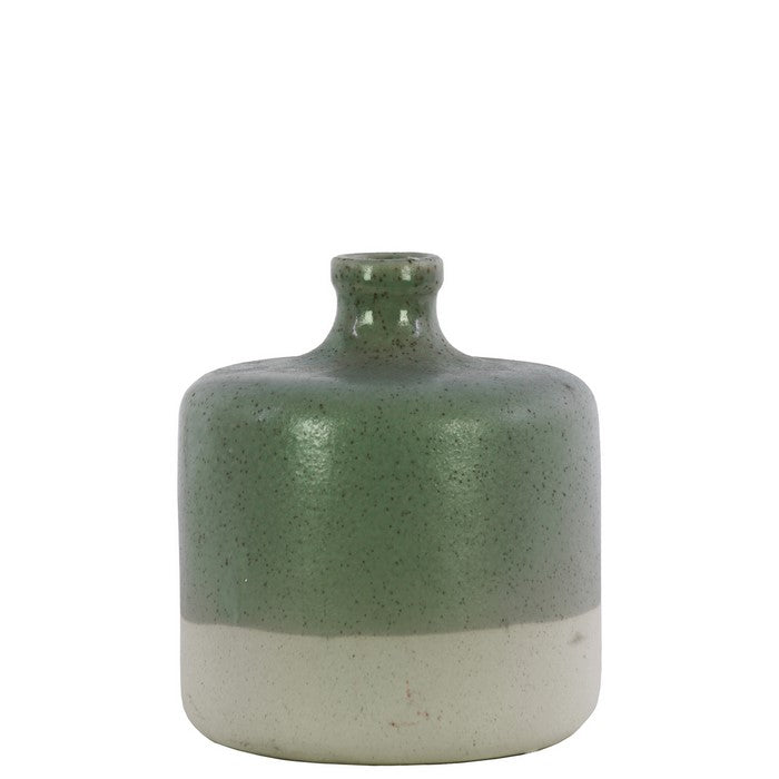 Ceramic Round Narrow Neck White Banded Rim Bottom Vase, Small, Green
