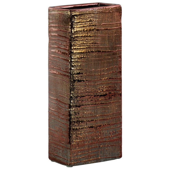 Ceramic Tall Rectangular Ribbed Design Vase, Large, Distressed Copper Finish
