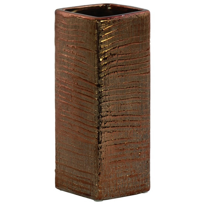 Ceramic Tall Square Ribbed Design Vase In Distressed Copper Finish