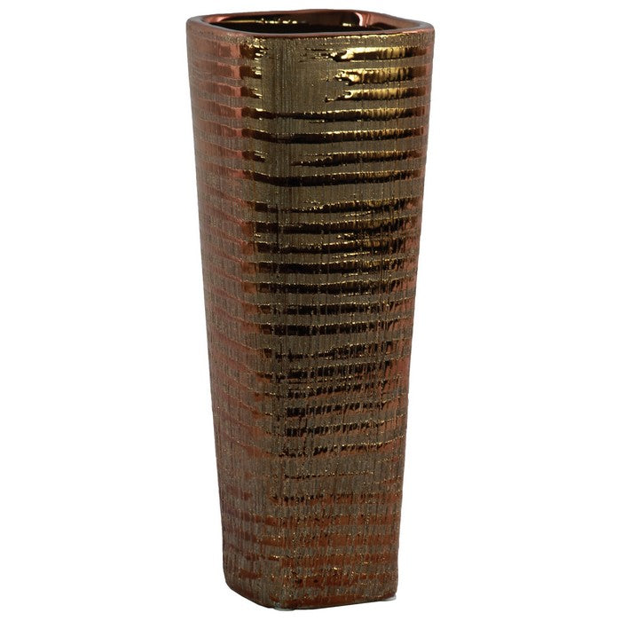 Ceramic Tall Tapered Bottom Ribbed Design Vase, Distressed Copper Finish