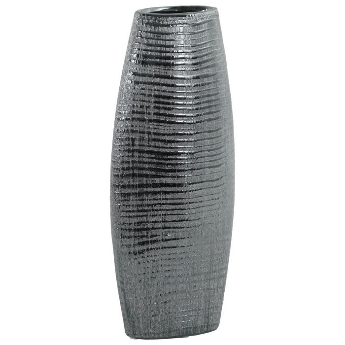Ceramic Tall Ribbed Bellied Oval Vase With Tapered Botttom, Distressed Silver Finish