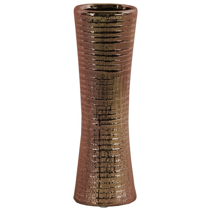 Ceramic Trumpet Mouth And Flared Bottom Ribbed Vase, Distressed Copper Finish