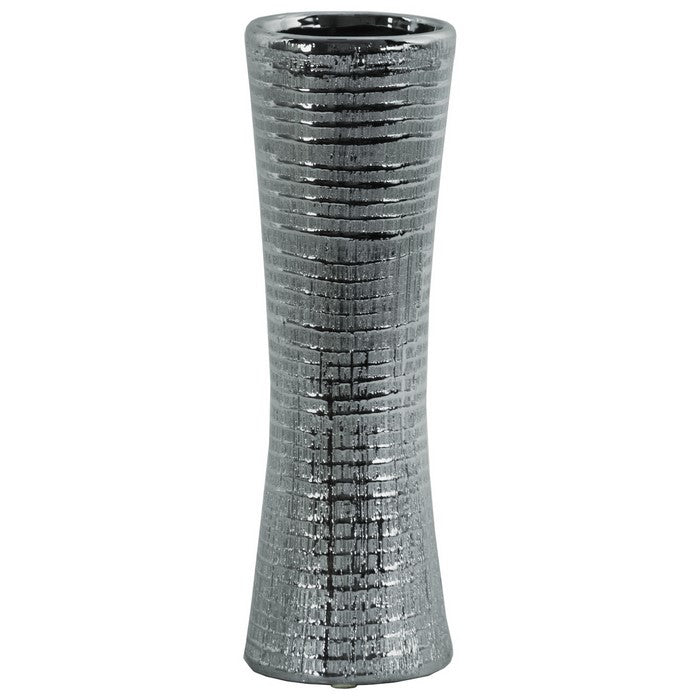 Ceramic Trumpet Mouth And Flared Bottom Ribbed Vase, Distressed Silver Finish