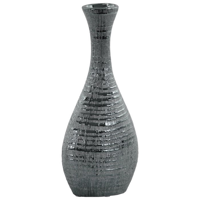 Ceramic Trumpet Mouth Bellied Oval Long Neck Vase In Ribbed Distressed Silver Finish