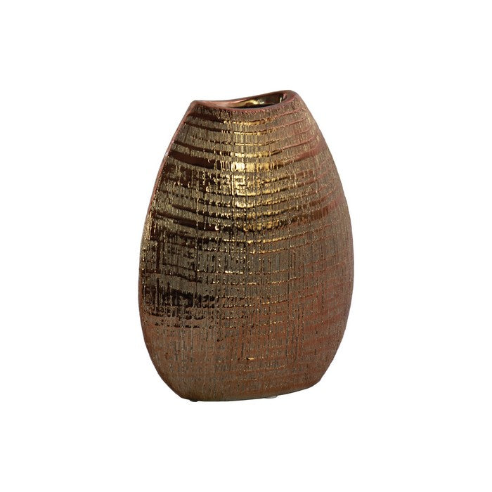Ceramic Biconvex Crescent Ribbed Design Vase, Distressed Copper Finish