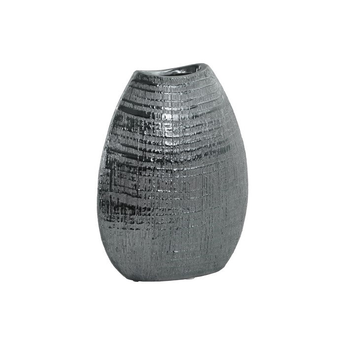 Ceramic Biconvex Crescent Ribbed Design Vase, Distressed Silver Finish