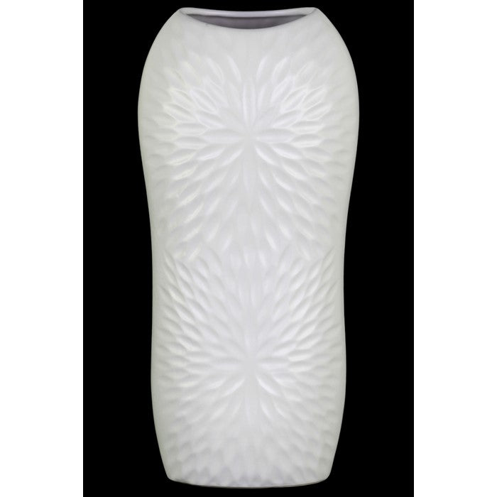Ceramic Tall Engraved Leaf Design Half-Circle Vase, Large, White