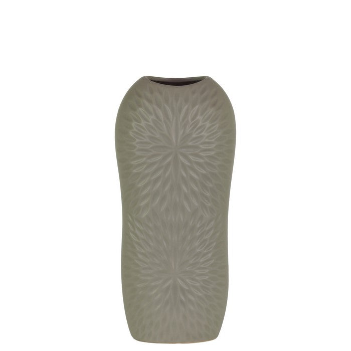Ceramic Tall Engraved Leaf Design Half-Circle Vase, Small, Gray