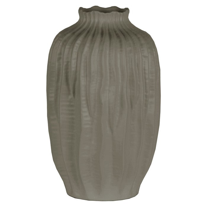 Ceramic Short Neck Round Patterned Vase With Wave Design, Large, Gray