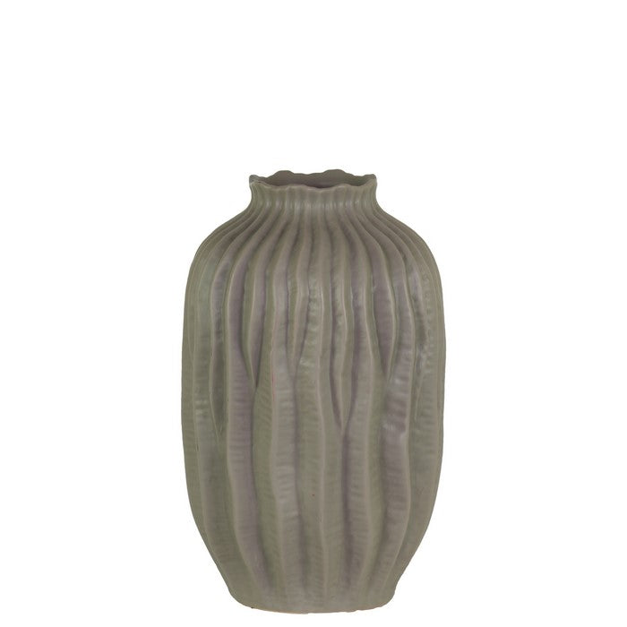 Ceramic Short Neck Round Patterned Vase With Wave Design, Small, Gray