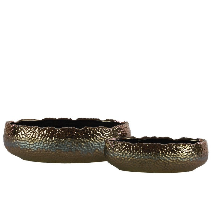 Embedded Fish Scale Irregular Lip Pot With Gloss Banded Rim Top, Set of 2, Gold