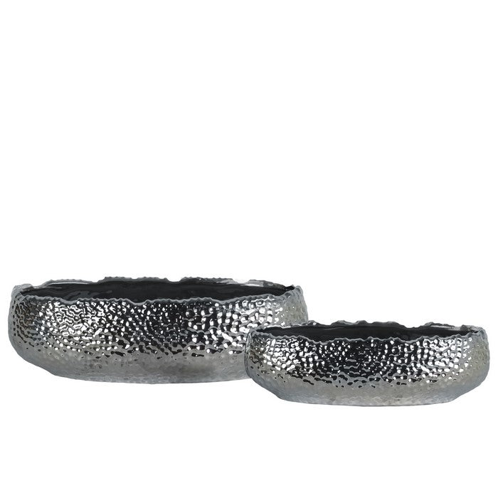 Embedded Fish Scale Irregular Lip Pot With Gloss Banded Rim Top, Set of 2, Silver