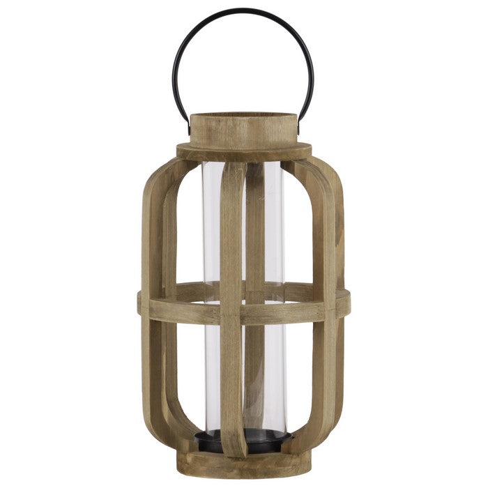 Wood Cylinder Metal Handle Lantern With Hurricane Candle Holder, Large, Brown