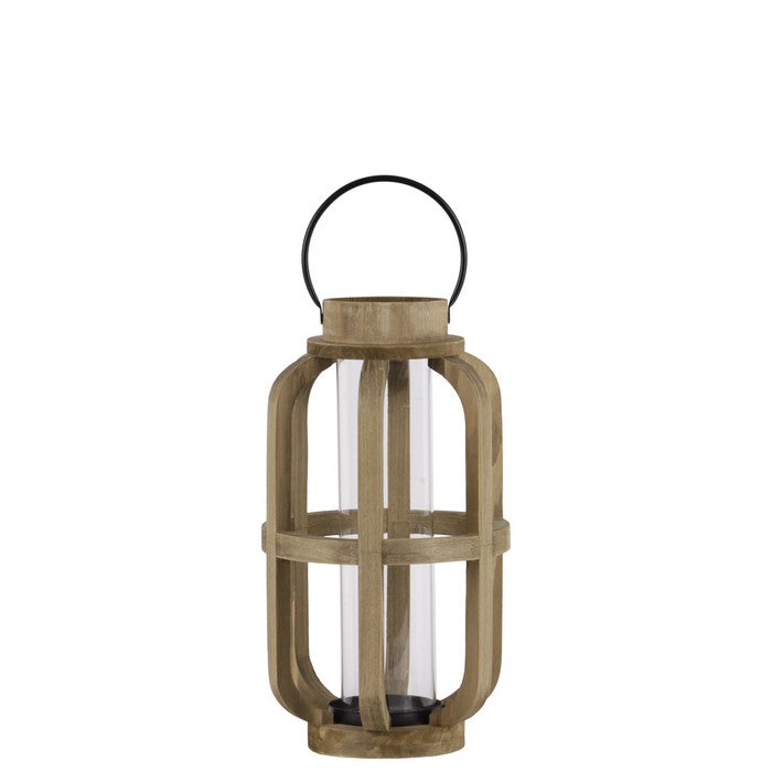 Wood Cylinder Metal Handle Lantern With Hurricane Candle Holder, Small, Brown