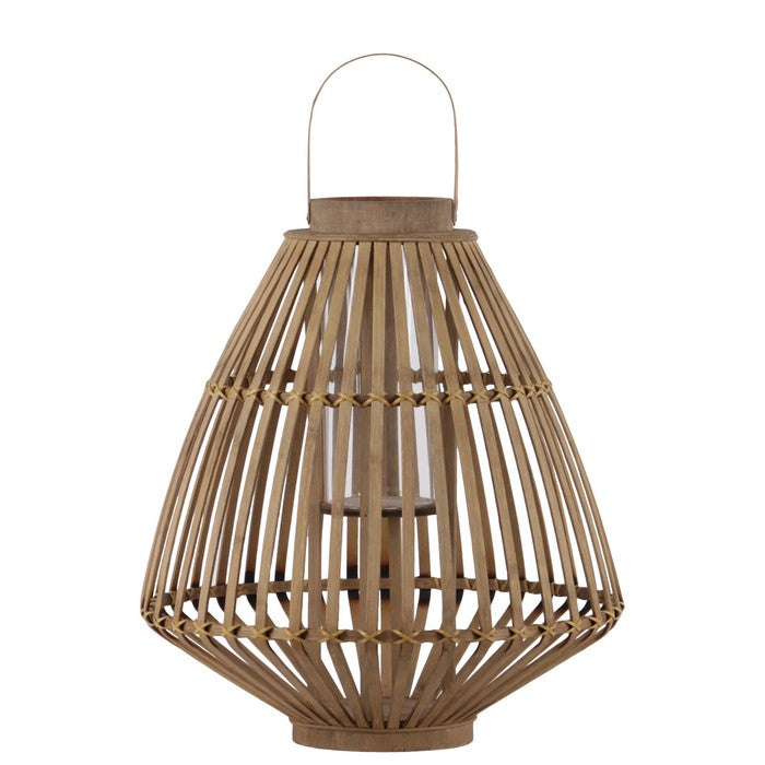 Bamboo Lattice Bellied Lantern With Hurricane Candle Holder, Large, Brown
