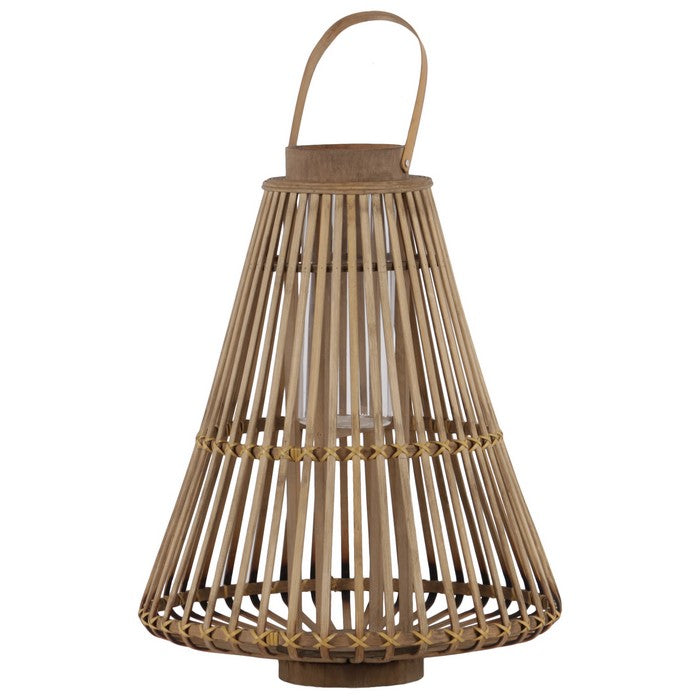 Bamboo Lattice Bellied Lantern With Hurricane Candle Holder, Small, Brown