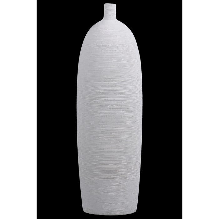 Ceramic Tall Cylindrical Short Neck Vase With Tapered Bottom In Combed Finish, White