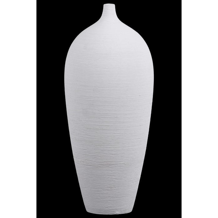 Ceramic Tall Round Short Neck Vase With Tapered Bottom In Combed Finish, White