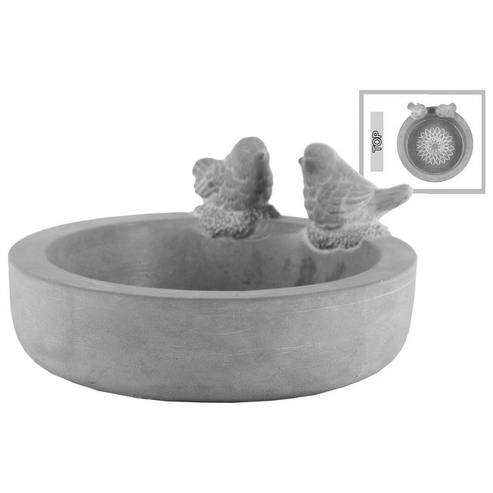 Cement Round Bowl With Bird Figurine And Engraved Floral Design Inside, Gray
