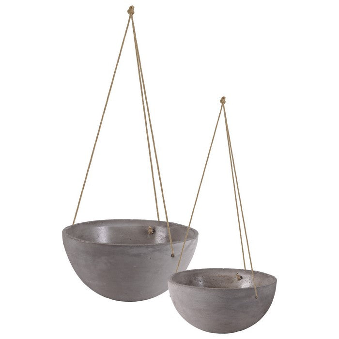 Cement Round Pot With Rope Hanger In Concrete Finish, Set Of 2, Gray