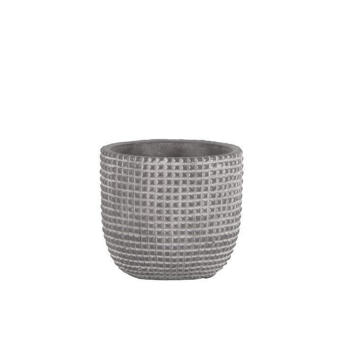 Cement Engraved Square Lattice Design Pot With Tapered Bottom, Small, Light Gray