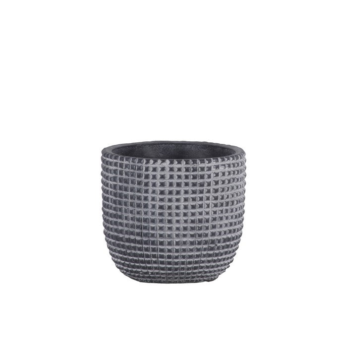 Cement Engraved Square Lattice Design Pot With Tapered Bottom, Small, Dark Gray