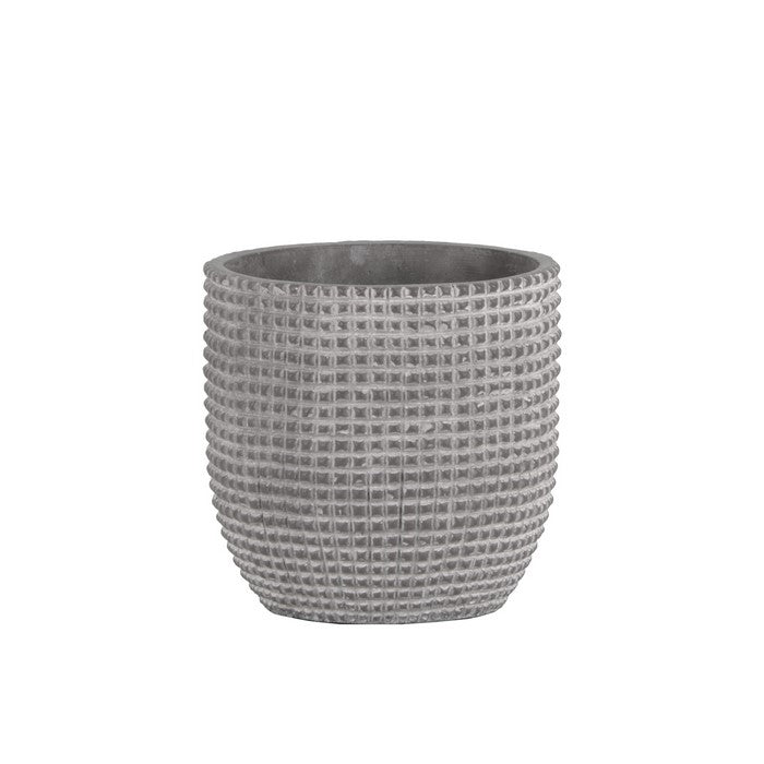 Cement Engraved Square Lattice Design Pot With Tapered Bottom, Medium, Light Gray