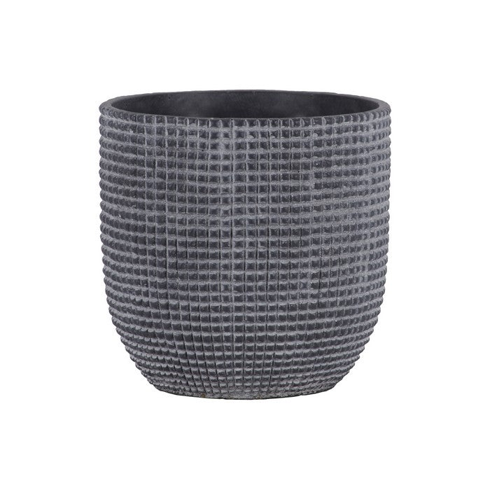 Cement Engraved Square Lattice Design Pot With Tapered Bottom, Large, Dark Gray