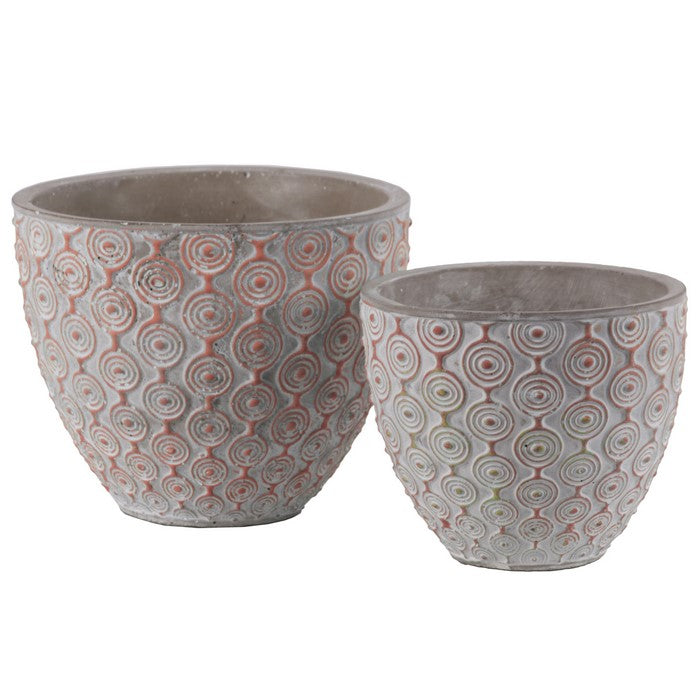 Cement Round Embossed Concentric Circle Design Pot, Set of 2, Vermillion