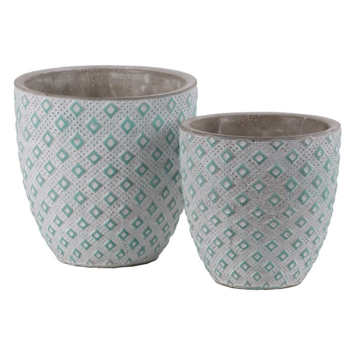 Cement Round Embossed Diamond Design Pot, Set of 2, Turquoise