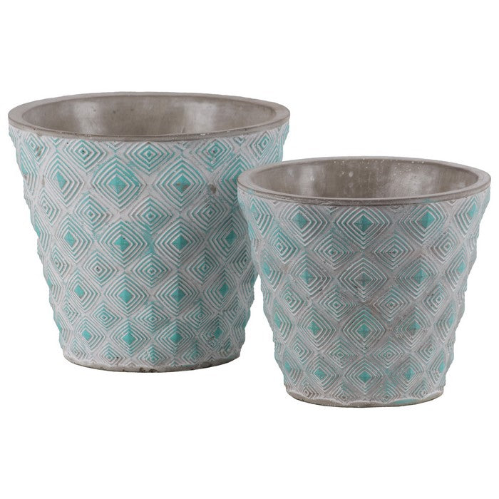 Cement Round Embossed Concentric Diamond Design Pot, Set of 2, Turquoise