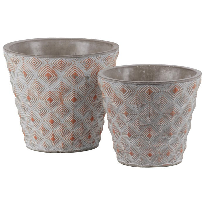 Cement Round Embossed Concentric Diamond Design Pot, Set of 2, Vermillion
