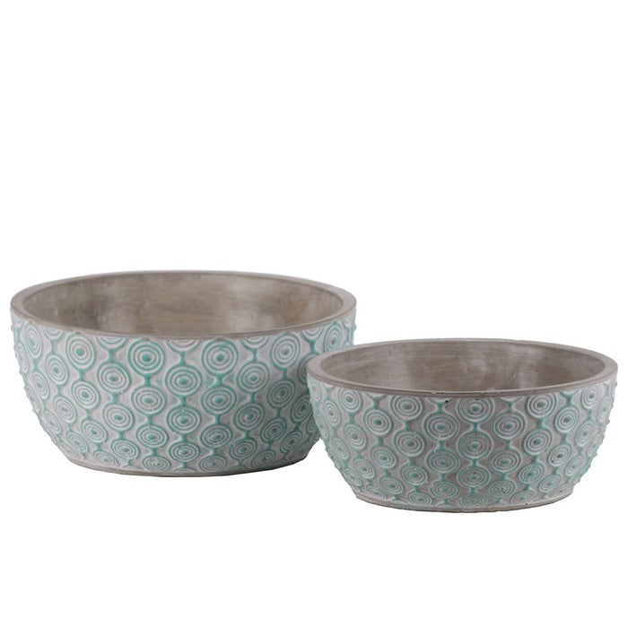 Cement Low Round Embossed Concentric Circle Design Pot, Set of 2, Turquoise
