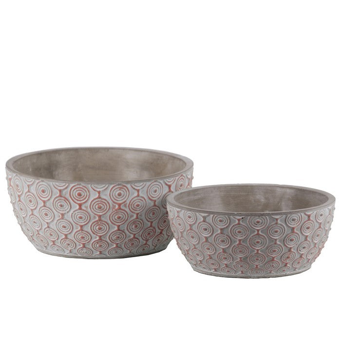 Cement Low Round Embossed Concentric Circle Design Pot, Set of 2, Vermillion