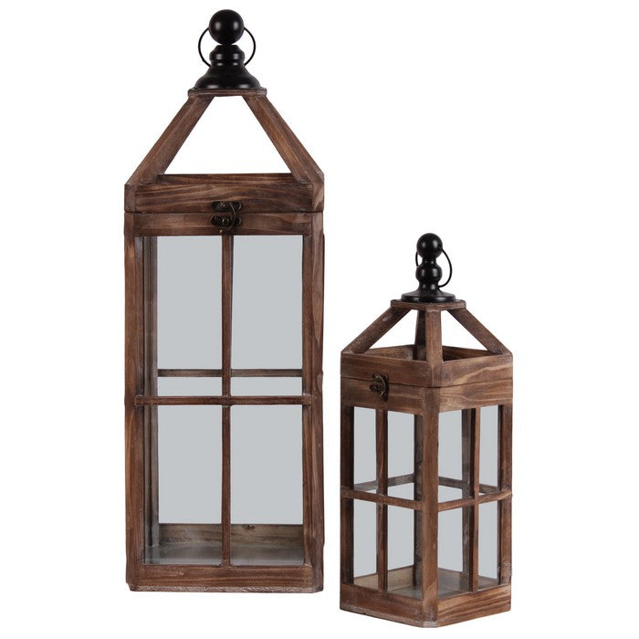 Wooden Square Lantern With Metal Round Finial Top, Ring Handle, Set of 2, Brown