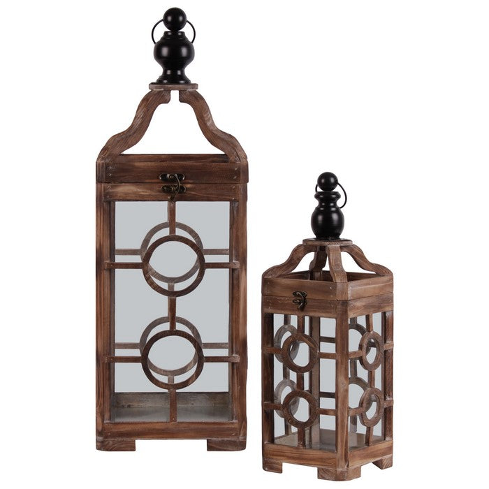 Wooden Lantern With Metal Round Finial Top , Set of 2, Brown