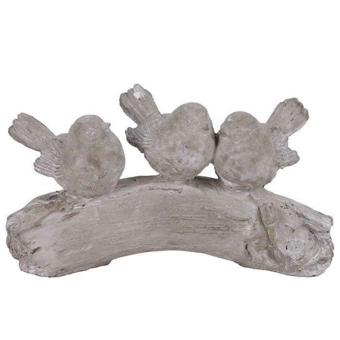 Three Bird Figurines Sitting On Branch In Concrete Finish, Gray