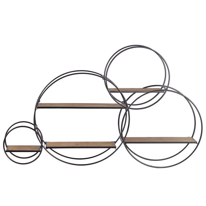 Metal Round Wall Shelf With 5 Wooden Shelves, Set of 3, Gunmetal Gray