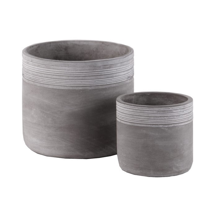 Cement Round Pot With Ribbed Band Rim Top, Set of 2, Gray