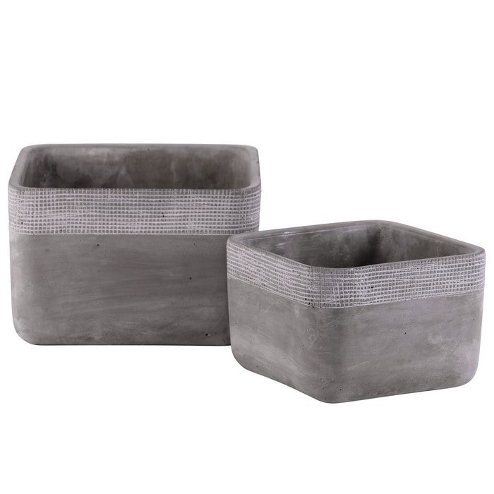 Cement Square Pot With Brushed Band Rim Top, Set of 2, Gray