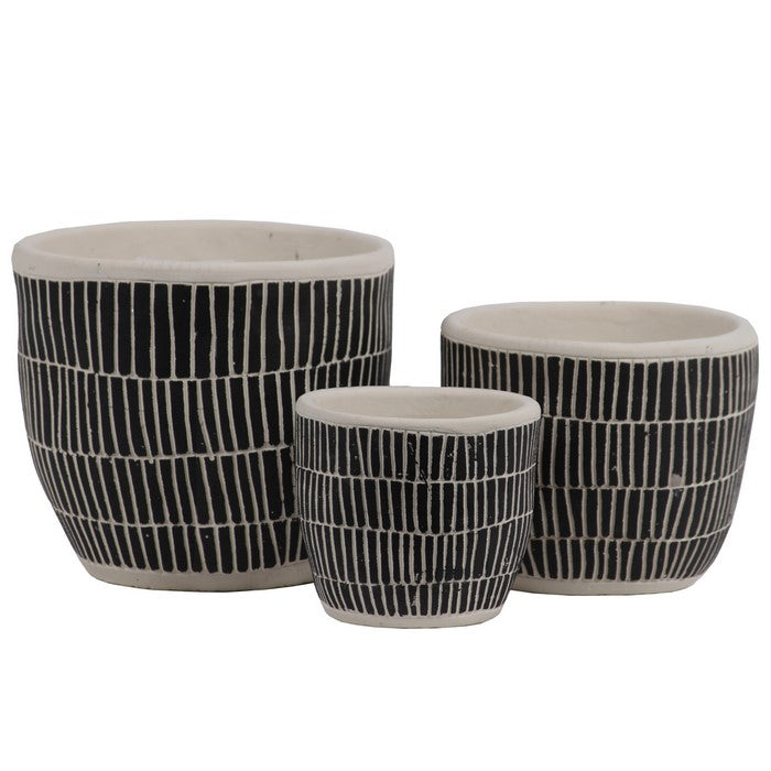 Irregular Stoneware Pot With Embossed Lattice Rectangle Design, Set of 3, Black