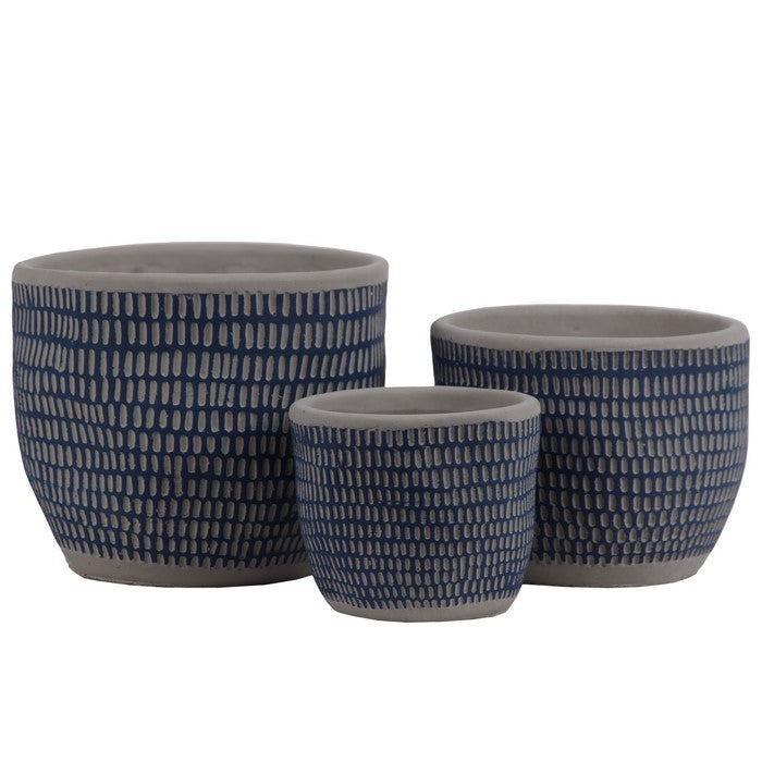 Irregular Stoneware Pot With Engrave Lattice Oblong Design, Set of 3, Blue