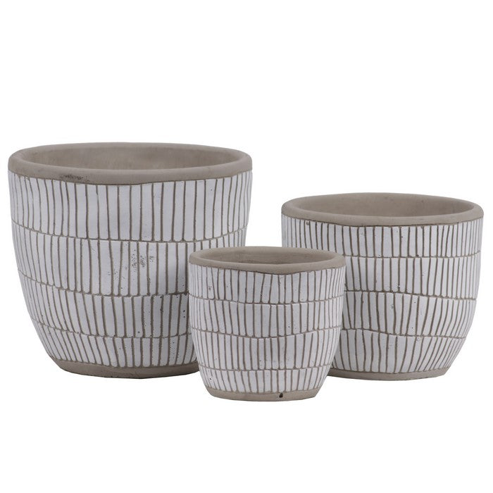 Irregular Stoneware Pot With Embossed Lattice Rectangle Design, Set of 3, White