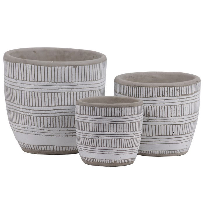 Irregular Stoneware Pot With Embossed Lattice Lines Design, Set of 3, White