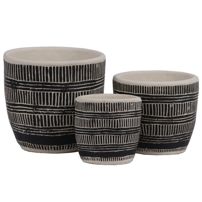 Irregular Stoneware Pot With Embossed Lattice Lines Design, Set of 3, Black