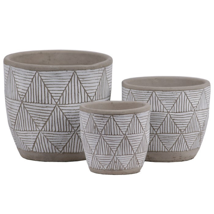 Irregular Stoneware Pot With Embossed Lattice Triangle Design, Set of 3, Gray