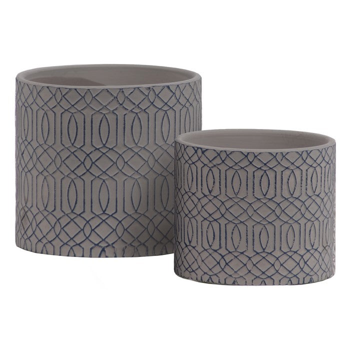 Stoneware Cylindrical Embossed Lattice Concentric Design Pot, Set of 2, Gray
