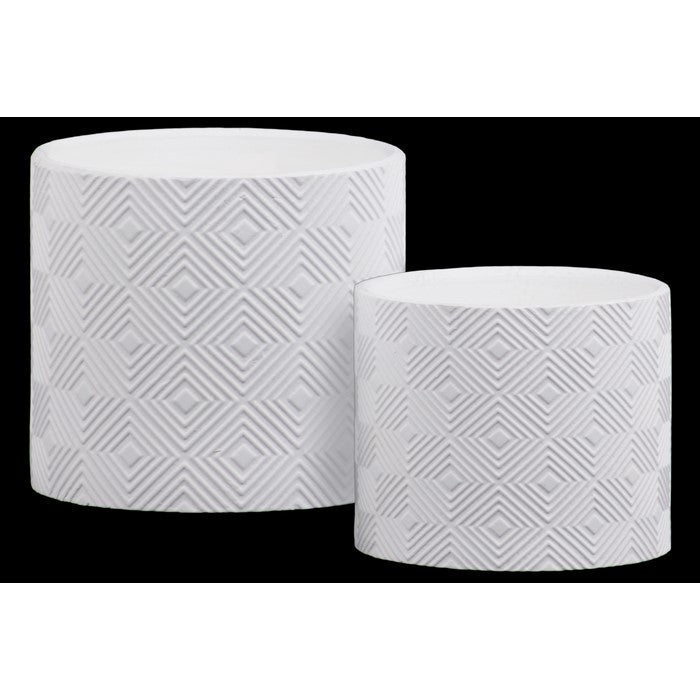 Stoneware Embossed Lattice Concentric Diamond Design Pot, Set of 2, White